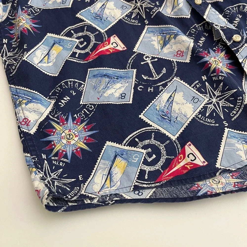 Chaps Mens Travel Stamp Blue Short Sleeve Button Down Shirt, Chaps Button Up S19